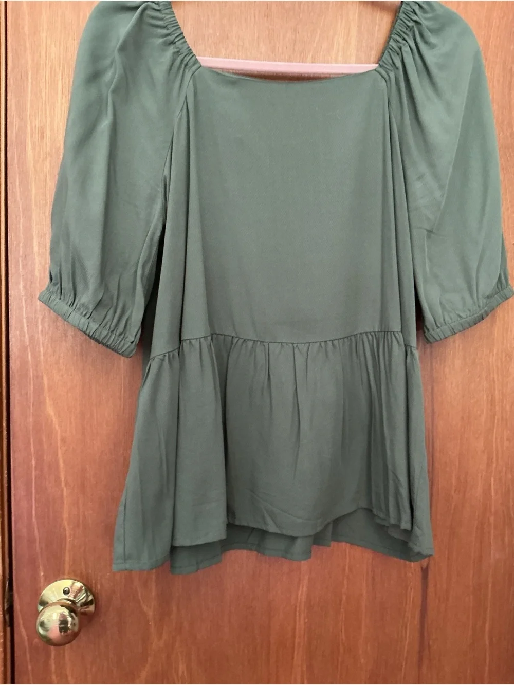 LOFT Olive Square-Neck Peplum Blouse with Puff Sleeves